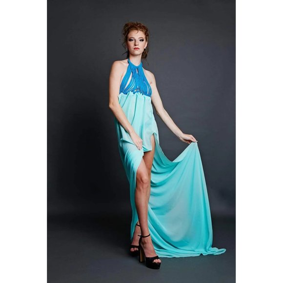 Macreme Women's Blue top Boho Style flowy bottom Handmade Maxi Dress New - Picture 2 of 9